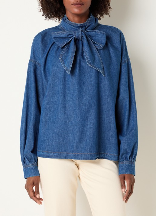 Claudia Sträter Blouse van denim met sjaalkraag - detail 2 indigo