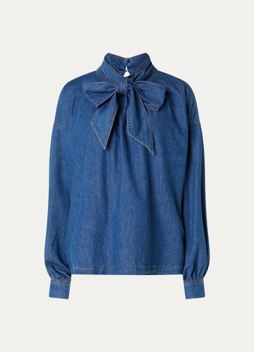 Claudia Sträter Blouse van denim met sjaalkraag - voorkant 3 indigo