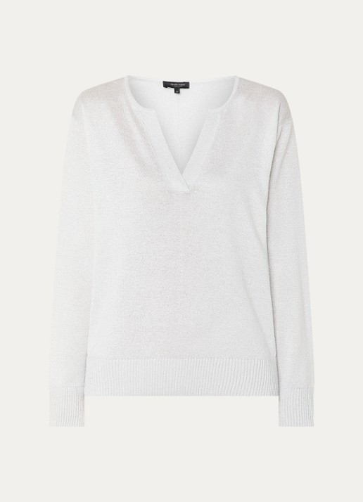 Claudia Sträter Fijngebreide pullover met lurex en V-hals - voorkant 3 lichtgrijs