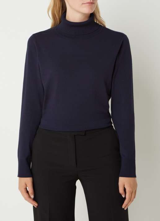Claudia Sträter Fijngebreide trui met col en stretch - detail 2 donkerblauw