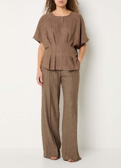 Claudia Sträter High waist straight fit pantalon met structuur - voorkant 4 hazelnootbruin