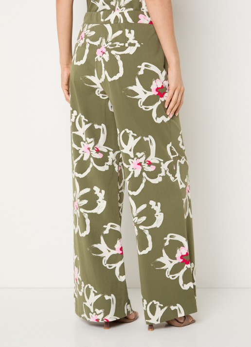 Claudia Sträter High waist wide leg broek van jersey met bloemenprint - achterkant legergroen