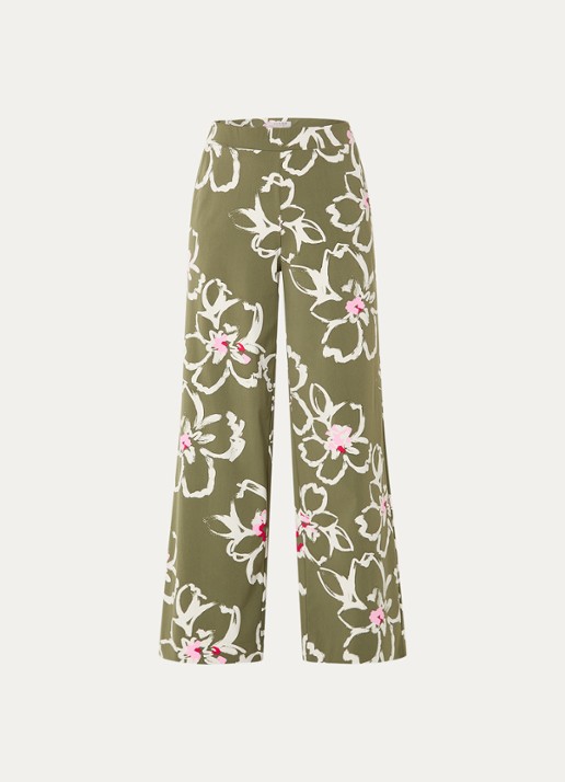 Claudia Sträter High waist wide leg broek van jersey met bloemenprint - voorkant 2 legergroen