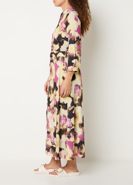 Claudia Sträter Maxi blousejurk met print en strikceintuur - voorkant 3 geel