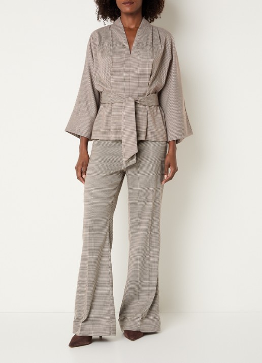 Claudia Sträter Mid waist flared fit pantalon met pied-de-poule dessin - voorkant 4 hazelnootbruin