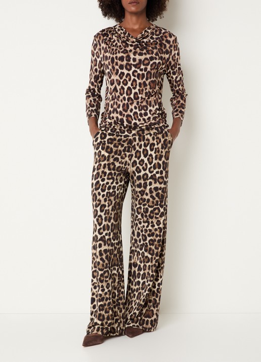 Claudia Sträter Mid waist loose fit broek met steekzakken en panterprint - voorkant 2 camel