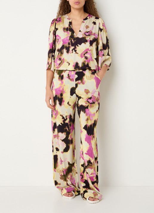 Claudia Sträter Mid waist loose fit pantalon met print - voorkant 3 lichtgeel