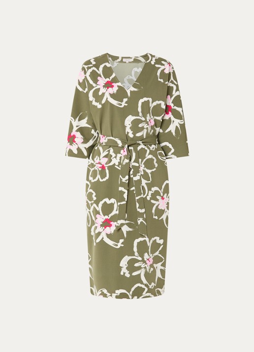 Claudia Sträter Midi jurk met bloemenprint en ceintuur - voorkant groen