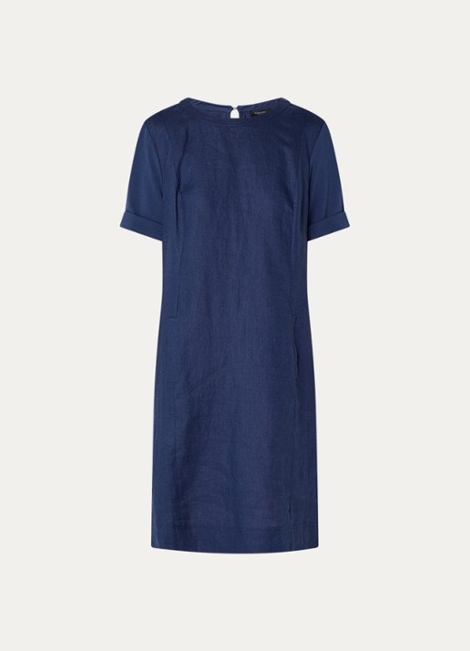Claudia Sträter Mini T-shirt jurk van linnen met steekzakken - voorkant 2 donkerblauw