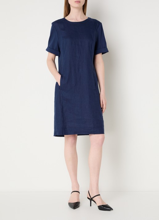 Claudia Sträter Mini T-shirt jurk van linnen met steekzakken - voorkant 3 donkerblauw