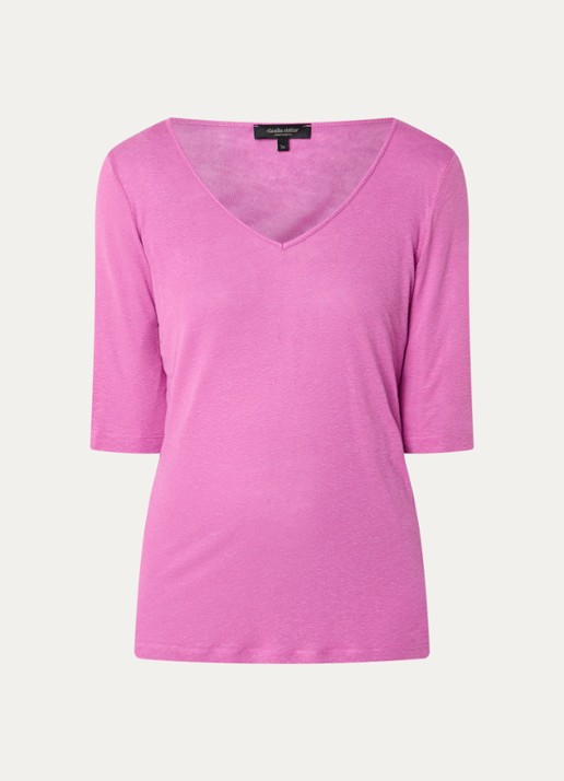 Claudia Sträter T-shirt in linnenblend met V-hals - voorkant 2 roze