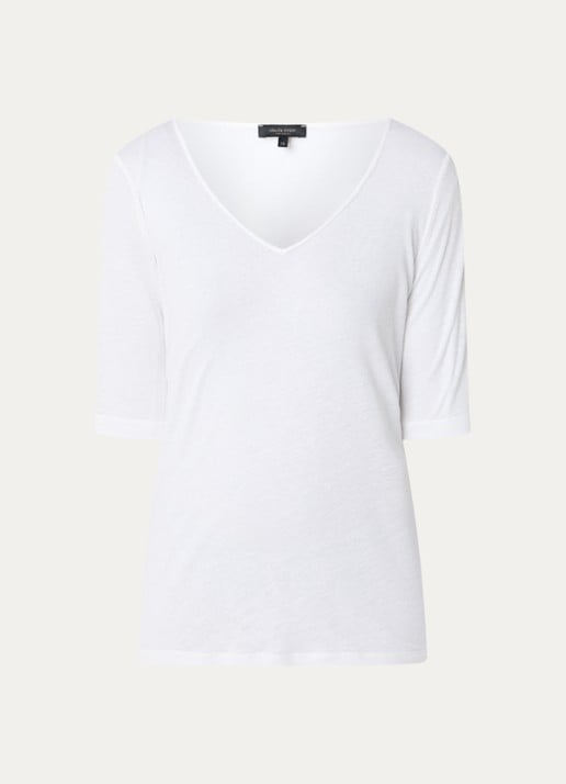 Claudia Sträter T-shirt in linnenblend met V-hals - voorkant 3 wit