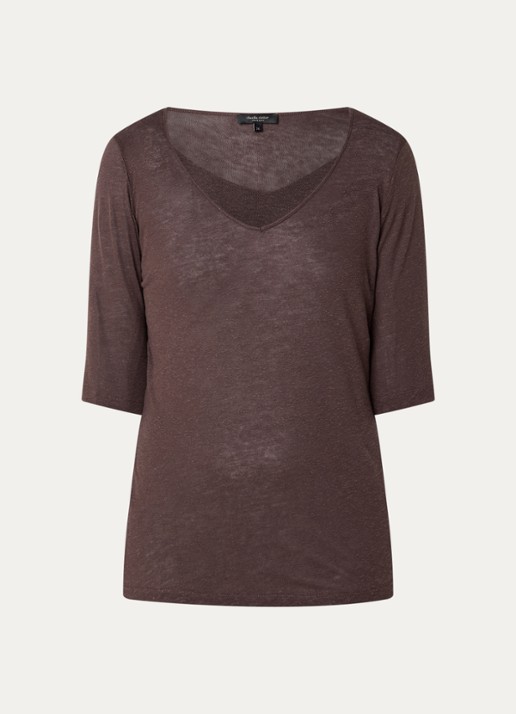 Claudia Sträter T-shirt in linnenblend met V-hals - voorkant 2 donkerbruin