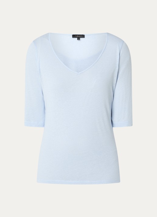 Claudia Sträter T-shirt in linnenblend met V-hals - voorkant 3 lichtblauw