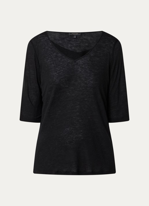 Claudia Sträter T-shirt in linnenblend met V-hals - voorkant zwart