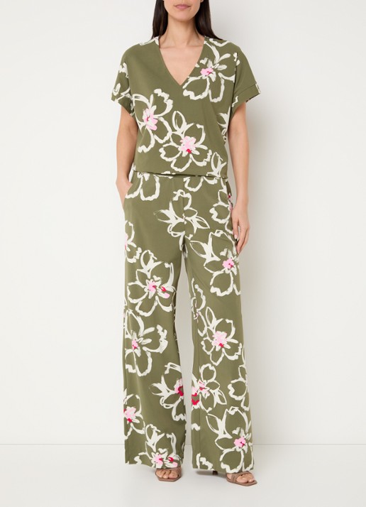Claudia Sträter T-shirt met bloemenprint en V-hals - voorkant 3 groen