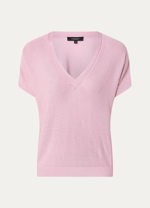 Claudia Sträter T-shirt met pailletten en V-hals - voorkant 3 roze