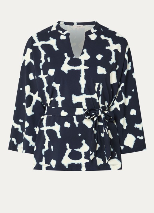 Claudia Sträter Tuniek met strikceintuur en print - voorkant 3 donkerblauw