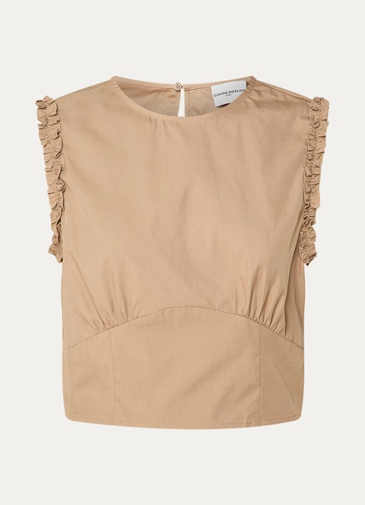 Claudie Pierlot Albina crop top met ruches - voorkant lichtbruin