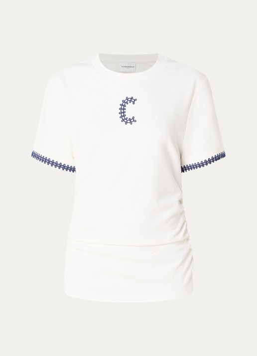 Claudie Pierlot Asymmetrisch T-shirt met borduring en plooidetail - voorkant 3 gebroken wit
