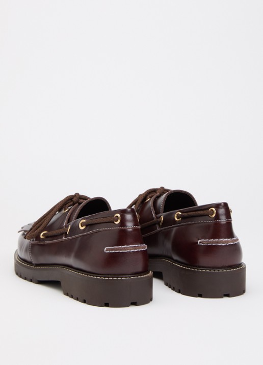 Claudie Pierlot Audrey bootschoen van leer met franjes - achterkant 5 chocoladebruin