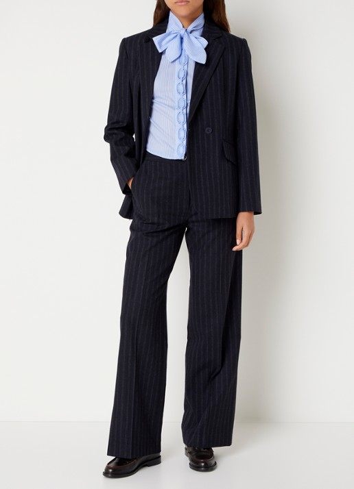Claudie Pierlot Bicolore high waist straight fit pantalon met streepprint - voorkant 4 donkerblauw