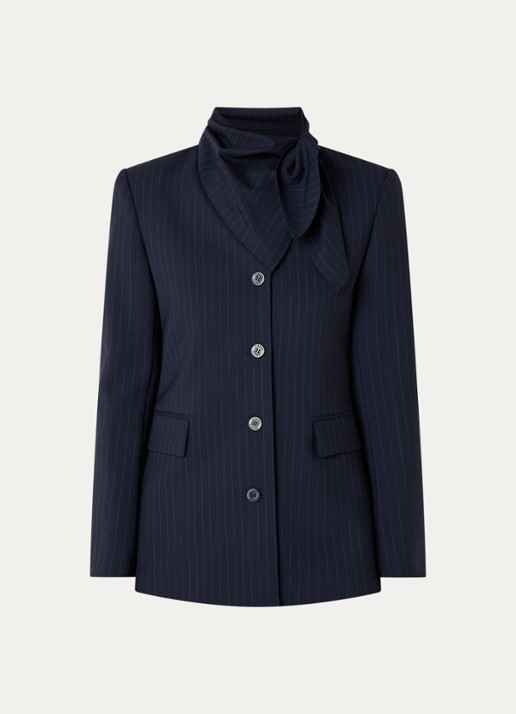 Claudie Pierlot Blazer in wolblend met krijtstreep en sjaalkraag - voorkant donkerblauw