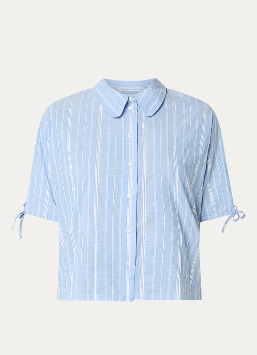 Claudie Pierlot Blouse met ballonmouw en streepprint - voorkant 2 blauwgrijs