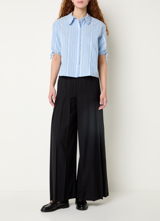 Claudie Pierlot Blouse met ballonmouw en streepprint - voorkant 3 blauwgrijs