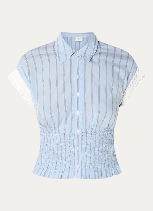 Claudie Pierlot Blouse met streepprint en smockwerk - voorkant 2 staalblauw