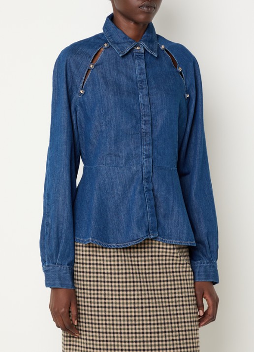 Claudie Pierlot Blouse van denim met peplum - detail blauw