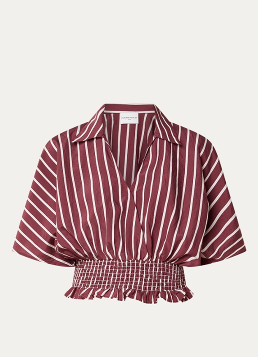 Claudie Pierlot Bomie cropped tuniek met streepprint en smockwerk - voorkant 2 bordeauxrood