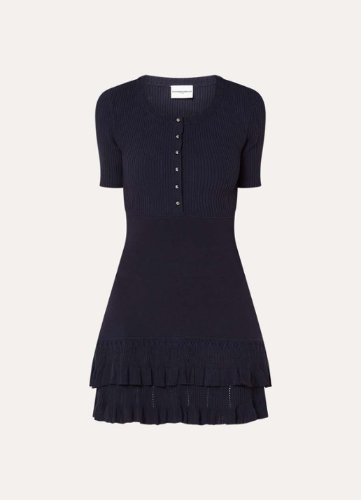 Claudie Pierlot Boogie ribgebreide mini jurk met volant en ruches - voorkant 3 donkerblauw