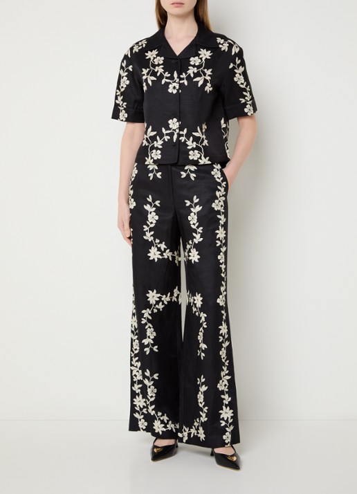Claudie Pierlot Caulafleur blouse in linnenblend met bloemenprint - voorkant 4 zwart