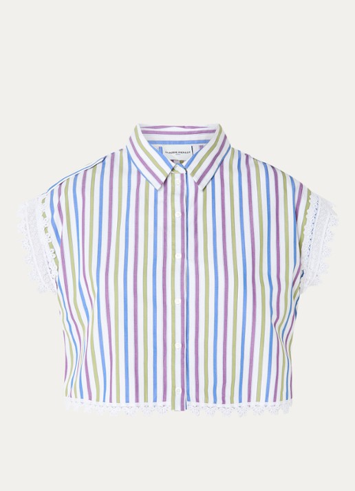 Claudie Pierlot Celoma blouse met streepprint en broderie - voorkant gebroken wit