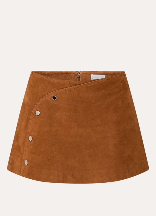 Claudie Pierlot Charlina minirok van geitensuède met sierknopen - voorkant 2 camel