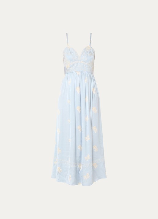 Claudie Pierlot Clair midi jurk met borduring en bloemenprint - voorkant 2 lichtblauw