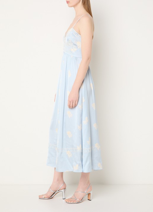 Claudie Pierlot Clair midi jurk met borduring en bloemenprint - voorkant 3 lichtblauw