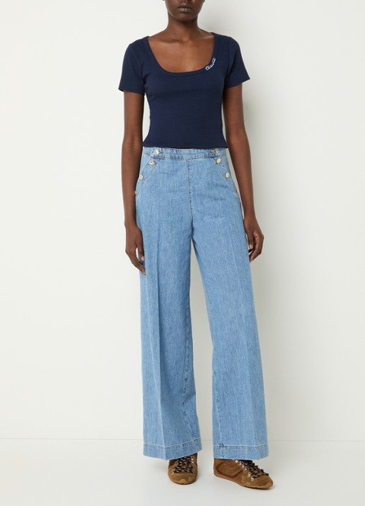 Claudie Pierlot Crop top met ribstructuur  - voorkant 4 donkerblauw