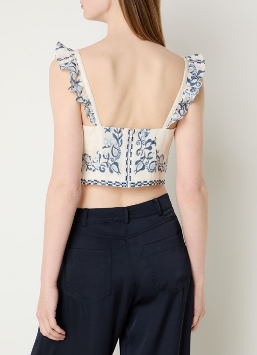 Claudie Pierlot Crop top van linnen met borduring en ruches - achterkant 4 blauw