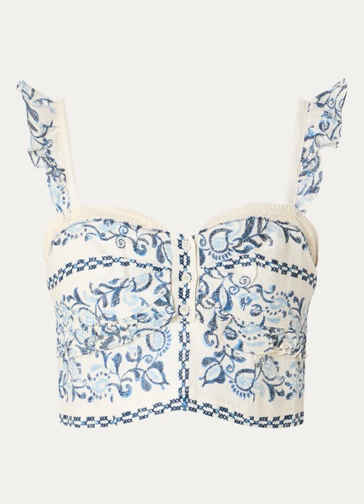 Claudie Pierlot Crop top van linnen met borduring en ruches - voorkant blauw
