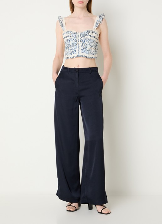 Claudie Pierlot Crop top van linnen met borduring en ruches - voorkant 2 blauw