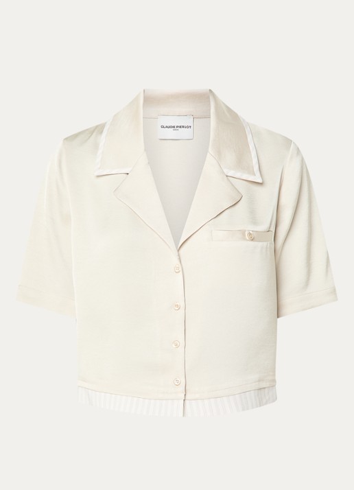 Claudie Pierlot Cropped blouse van satijn met borstzak - voorkant beige