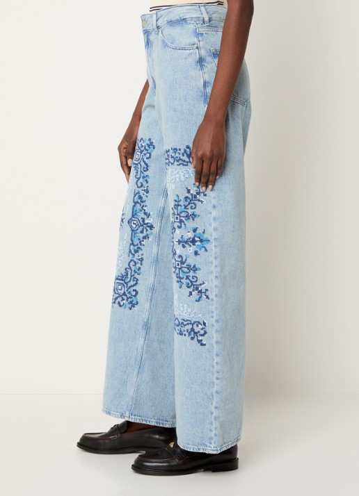 Claudie Pierlot Deborah high waist wide leg jeans met borduring - detail 3 indigo