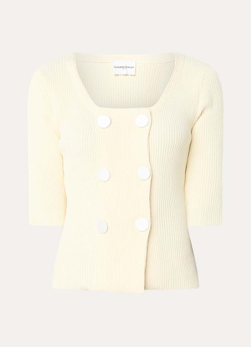 Claudie Pierlot  Double-breasted ribgebreid vest  - voorkant vanillegeel