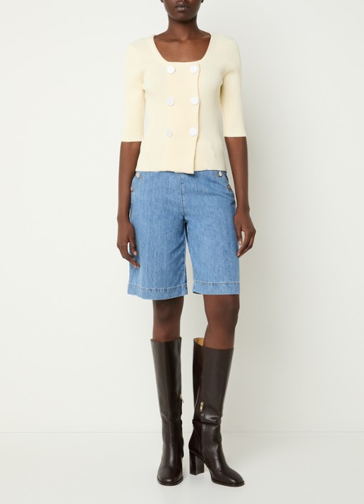Claudie Pierlot  Double-breasted ribgebreid vest  - voorkant 2 vanillegeel