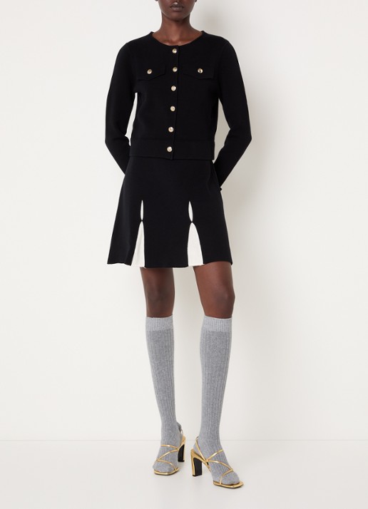 Claudie Pierlot Fijngebreide high waist mini plooirok in wolblend - voorkant 4 zwart
