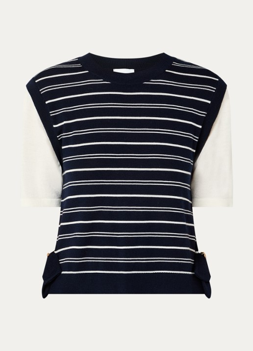 Claudie Pierlot Fijngebreide top in wolblend met streepprint - voorkant 3 donkerblauw