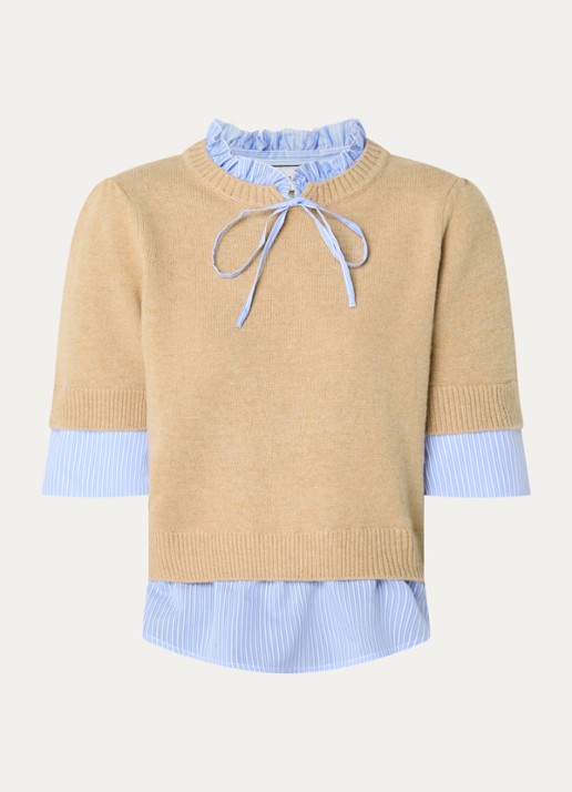 Claudie Pierlot Fijngebreide trui van wol met blouse-inzet - voorkant beige