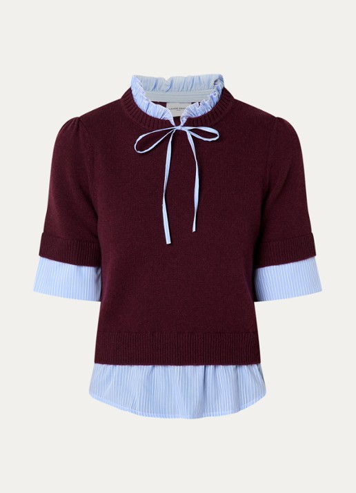 Claudie Pierlot Fijngebreide trui van wol met blouse-inzet - voorkant aubergine